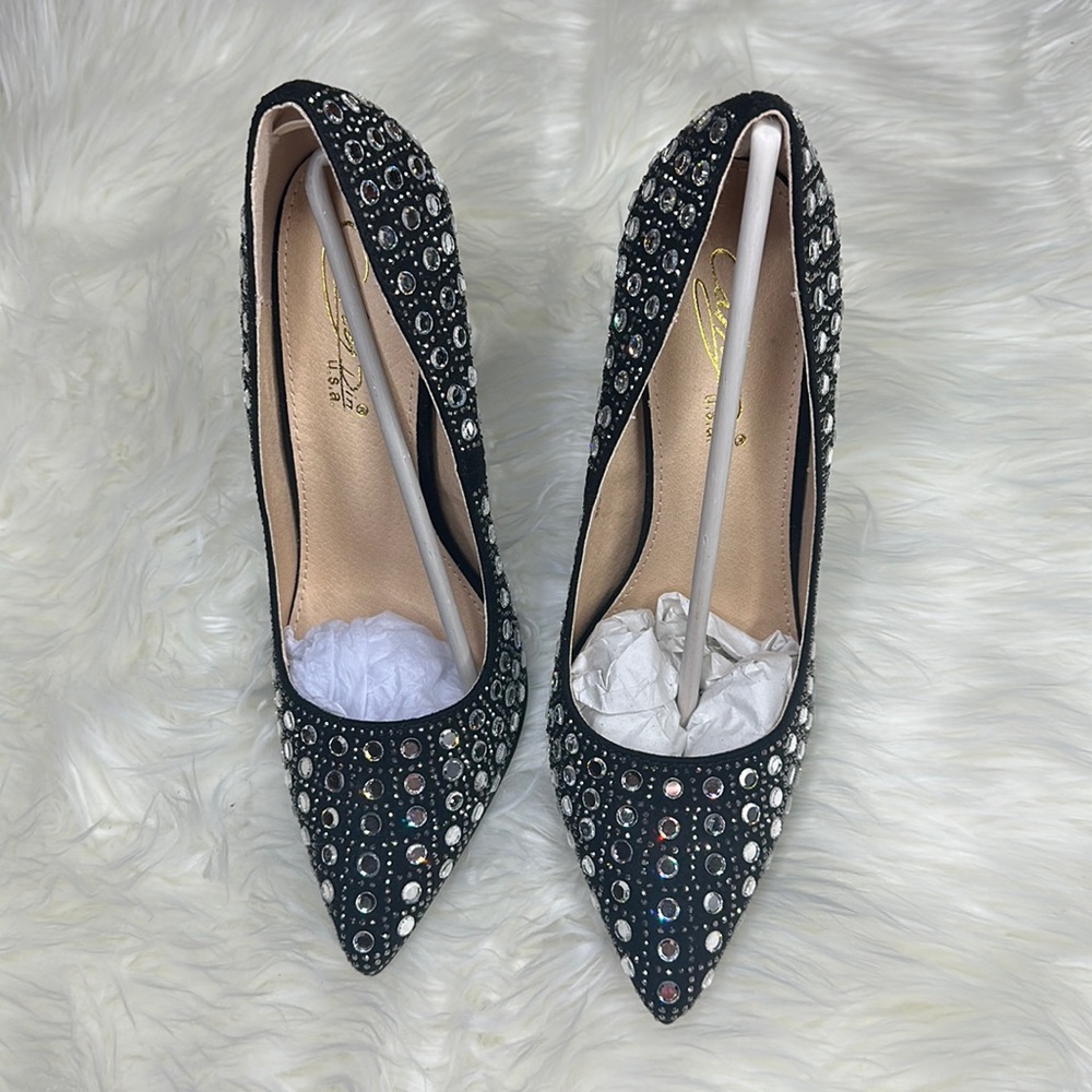 Mirror beaded sequence black velvet stiletto heels.